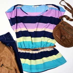 [Black Rainn] Striped Color Block Blouse